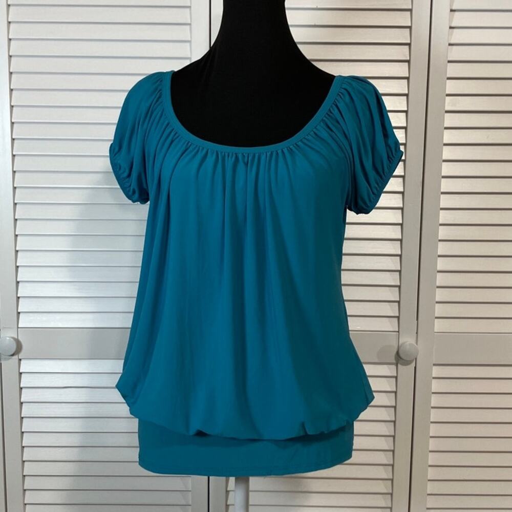 American City Wear Y2K Teal Banded Bubble Hem Blouson Top XL